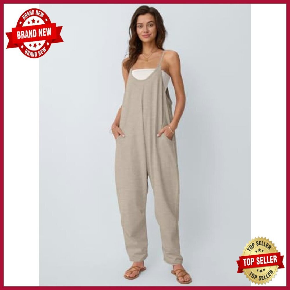 Cotton Spandex Jumpsuit V-Neck Spaghetti Strap Pockets Loose Fit - Picture 3 of 6